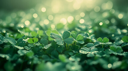 Celebrate St. Patrick's Day with a vibrant display of dew-covered clovers glistening under a soft morning light