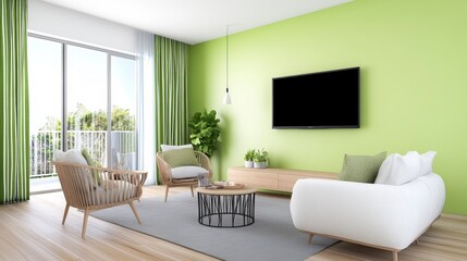 Fototapeta premium Modern living room with green accent wall and stylish furniture