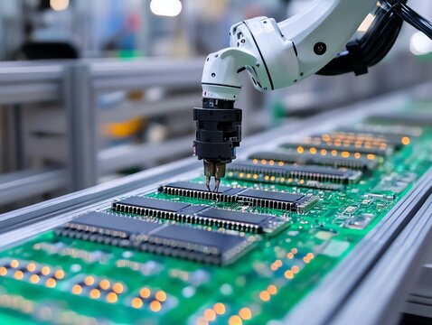 A robotic arm assembles electronic components on a circuit board in a modern factory setting, showcasing automation and technology in manufacturing.