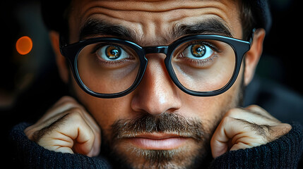 Man with Glasses Stares Intensely with Hands Clenched in Thoughtful Contemplation