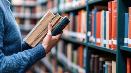 A person holds books in a library, surrounded by colorful shelves filled with various titles, suggesting a love for reading and knowledge.