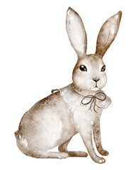 Bunny cute Watercolor illustration. Hand drawn artwork of a cute rabbit. Drawing of rabbit for childish greeting cards or baby shower invitations. Sketch hare on isolated background.