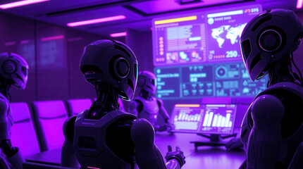 Advanced robots in a futuristic boardroom analyze data on large screens in a neon-lit meeting.