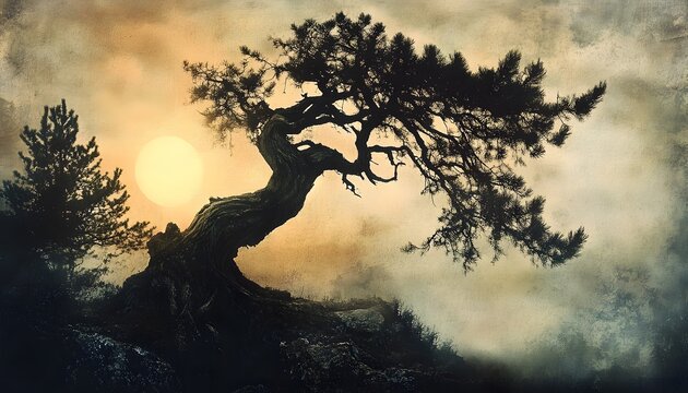 Majestic Silhouette Of A Twisted Pine Tree At Sunset