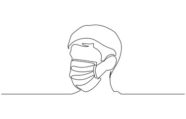 Masked man one line art illustration - Virus protection concept - Epidemic quarantine - Medical mask, Continuous one line drawing.Portrait Young man in a protective face mask.