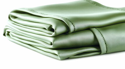 Folded Green Satin Fabric Displays Elegant Drapes and Soft Texture on a White Background
