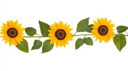 Bright Sunflowers with Green Leaves on a White Background