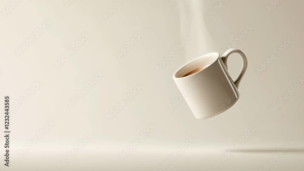Poster White mug with steaming coffee levitating on empty background, creating a surreal and minimalist atmosphere, perfect for advertising or conceptual projects