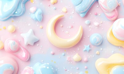 Pastel moon, stars, and cloudscape; digital art background