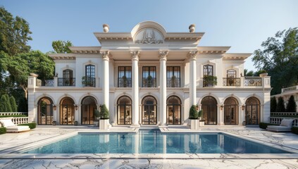 Naklejka premium Elegant White Mansion with a Sparkling Pool