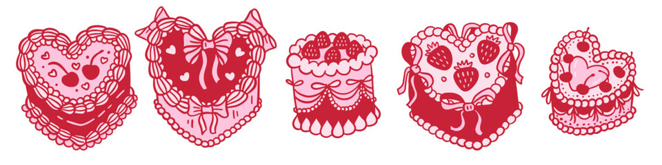 Vintage Coquette Cakes set - Outline Clipart, Coquette cake line art, vintage wedding, birthday sweet Hearts, Pink Valentine's day Clip Art. Hand drawn vector illustration.