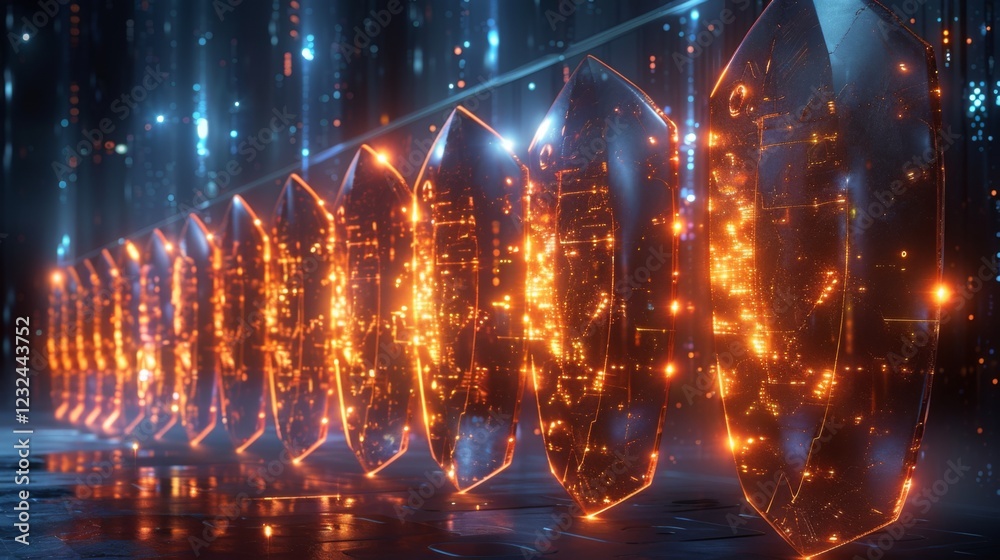 Poster A display of glowing crystals emits warm light in an advanced setting filled with holographic patterns and technological elements, showcasing innovative design and energy.