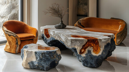 Photo: Interior Design with Stone and Wood Furniture, Orange Velvet Chairs