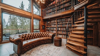 Luxurious Cabin Library with Spiral Staircase and Forest View