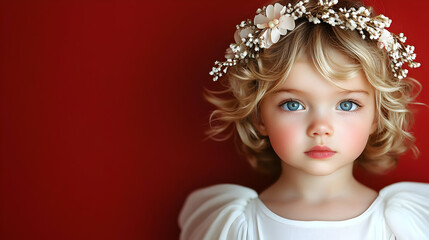 Little Girl with Flower Crown Poses Serenely Against a Deep Red Backdrop