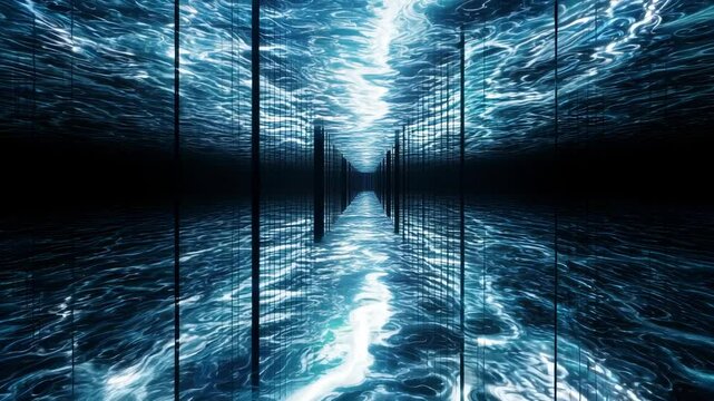 Quantum data corridor with glowing blue light reflections. Abstract representation of quantum mechanics, information flow, and futuristic technology.
