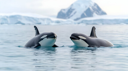 Fototapeta premium Antarctic orcas interact, icy mountains background, wildlife documentary
