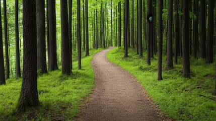 Obraz premium Forest retreats offer travel wellness getaways for ultimate relaxation. A winding path through a lush, green forest with tall trees.