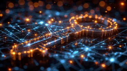 A glowing magnifying glass sits prominently against a backdrop of vibrant blue and orange connections, representing digital search and data analysis in a technological environment.
