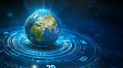 Naklejka premium An image of rays radiating around an illuminated, rotating globe, surrounded by concentric circles. Numbers float over an abstract background, symbolizing digital data and connectivity.