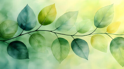 Fototapeta premium Watercolor Painting of a Branch with Green Leaves on a Light Green Background