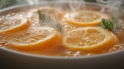 Steaming bowl of citrus tea with orange slices and herbs, cozy kitchen ambiance