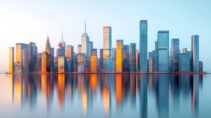 Obraz premium Skyscrapers silhouette against vibrant city sunset. Generative AI