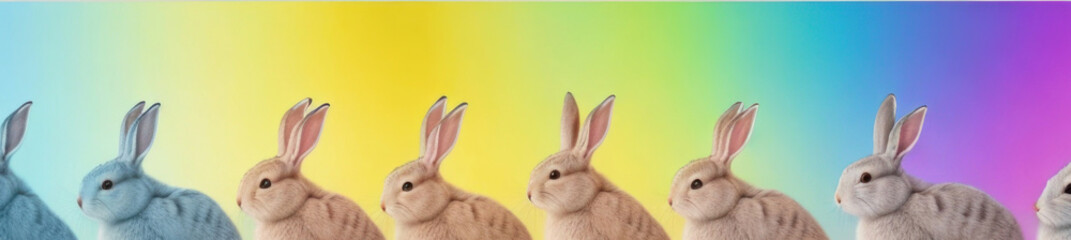 Fototapeta premium Many fluffy bunnies are lined up against a vibrant blue-to-purple, pink, yellow, and green background, gazing playfully at the viewer