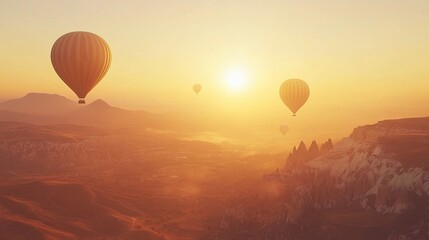 Obraz premium A breathtaking early morning scene of flying in hot air balloons over Cappadocia. The view highlights the stunning Red Rose Valley and Goreme village in Turkey, Asia.