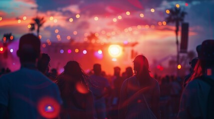 A lively outdoor evening event with colorful string lights, bokeh effects, and a stunning sunset in the background.