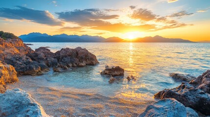 Obraz premium Golden sunset over calm sea with dark rocks in the foreground. Warm light reflects on water, creating a serene and peaceful atmosphere. The sky shows