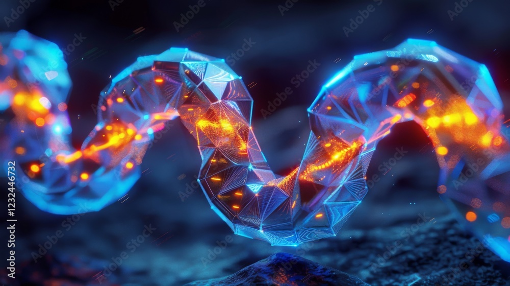 Aufkleber a dynamic geometric sculpture resembles a flowing snake made of translucent shapes with glowing oran