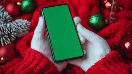 Hands in white gloves hold a green screen smartphone surrounded by red holiday decor.