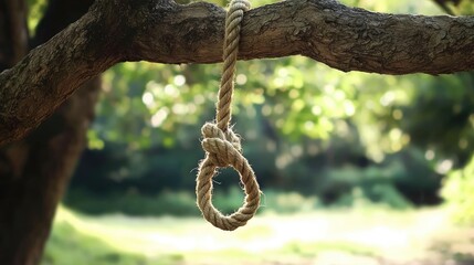 A knotted rope hanging from a tree branch in an outdoor setting. 