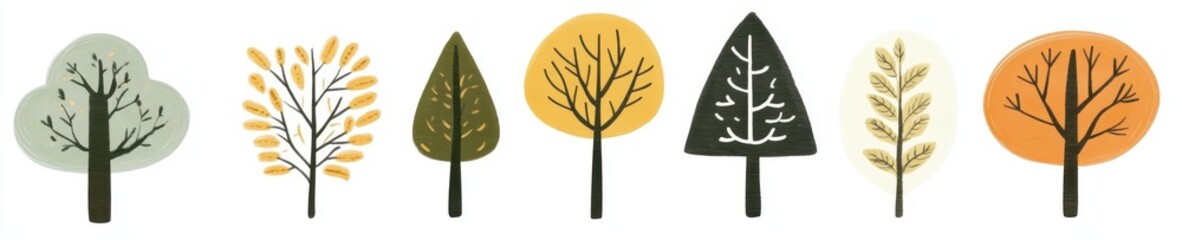 Stylized illustration of seven trees in various shapes and autumnal colors against a white background. The trees are depicted in a minimalist style