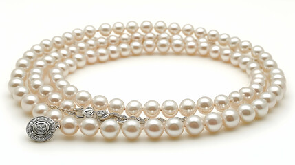 Obraz premium Elegant Double-Stranded Pearl Necklace Adorns with a Silver Clasp on a White Background