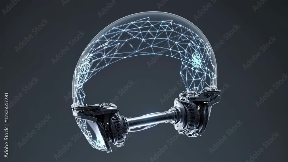 Poster futuristic headgear with hologram interface showcasing advanced technology and connectivity