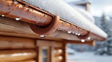 Melting snow on copper gutter, wooden cabin, winter