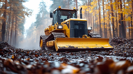 Yellow Bulldozer Drives on Muddy Forest Road During Autumn, Clearing Path Efficiently