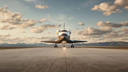 Private space shuttle launch preparations at scenic airstrip futuristic design aerial view innovative technology