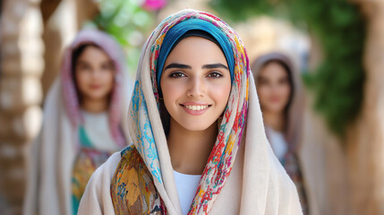 Palestinian women in traditional dresses explore a vibrant, historic village