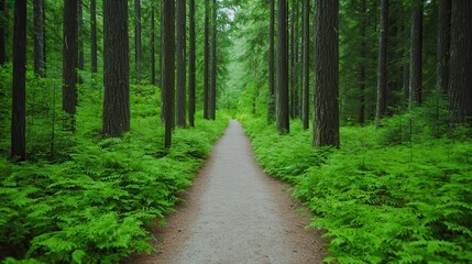 Obraz premium Forest retreats offer travel wellness getaways for ultimate relaxation. Path through a lush green forest surrounded by tall trees.