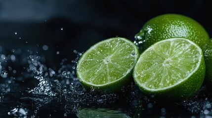 Whole and sliced limes with green leaves, wet surface, copy space. Macro photography. Refreshing effect
