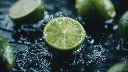 Juicy sliced lime with water droplets and splashes on a black background. Macro photography highlights the natural texture of the citrus fruit, creating a fresh and cooling effect.