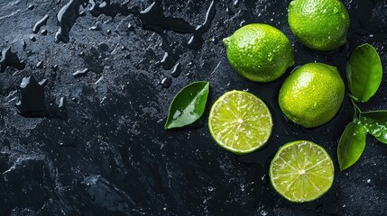 Whole and sliced limes with green leaves, wet surface with space for text. Macro photography.