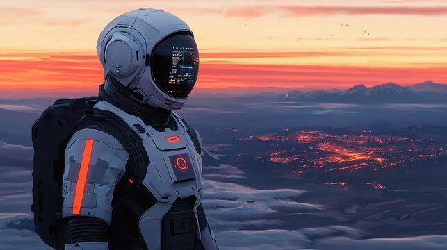 Heroic space exploration high-tech suit in an alien landscape at atmospheric sunset