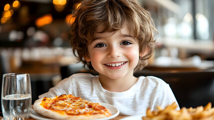 Happy Child Enjoys Pizza and Fries: A Delightful Restaurant Dining Experience