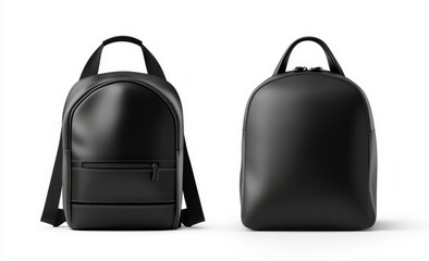 Fototapeta premium Two views of a black leather backpack isolated on white.