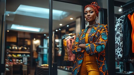 Obraz premium Woman posing in clothing shop, for fashion advertising