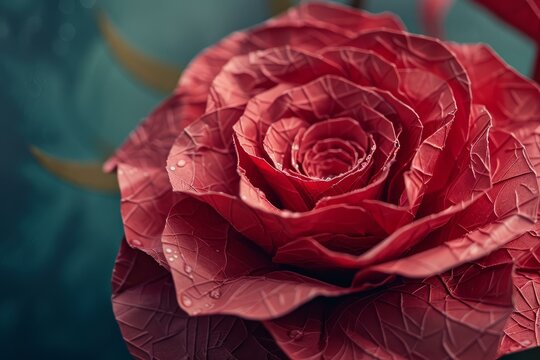 Close up of a handcrafted red paper rose, showcasing delicate folds, textures, and glistening water droplets